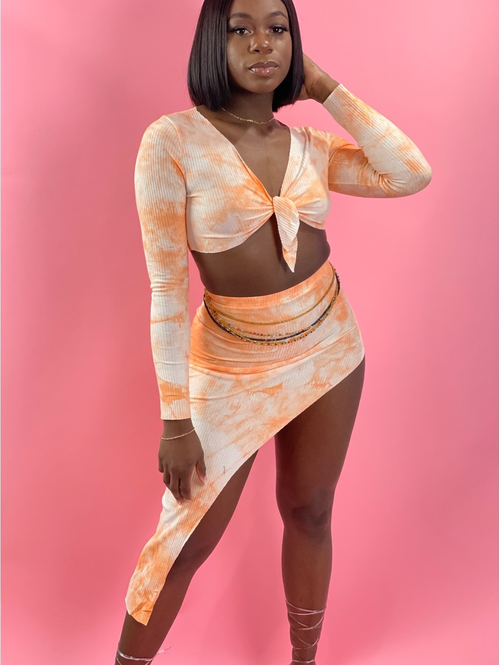 Tie-Front High-Low Mini Dress in Orange Tie-Dye